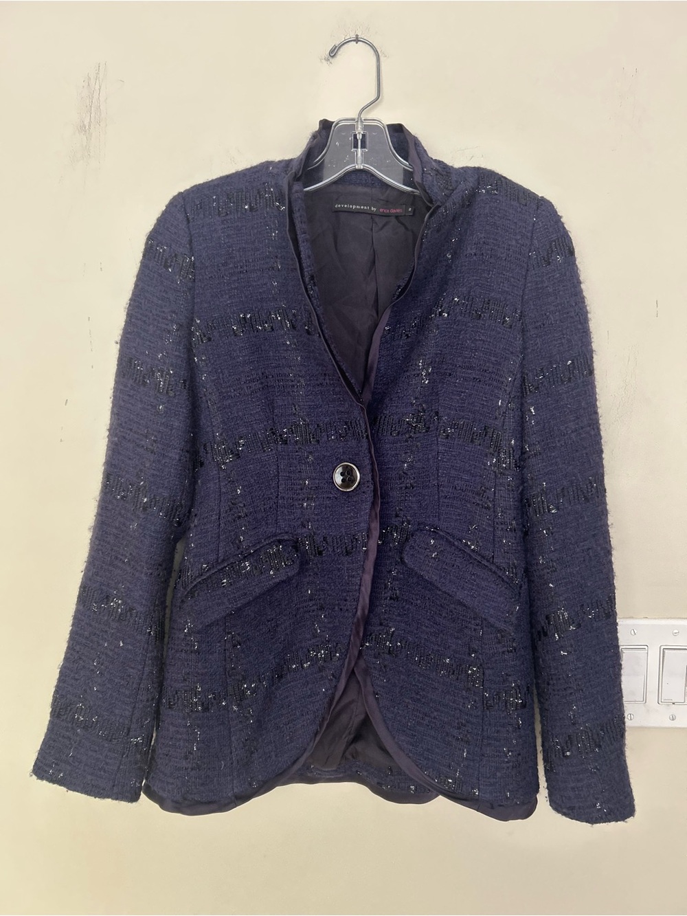 Development by Erica Devirs dark navy tweed blazer with silver one button Size 2
